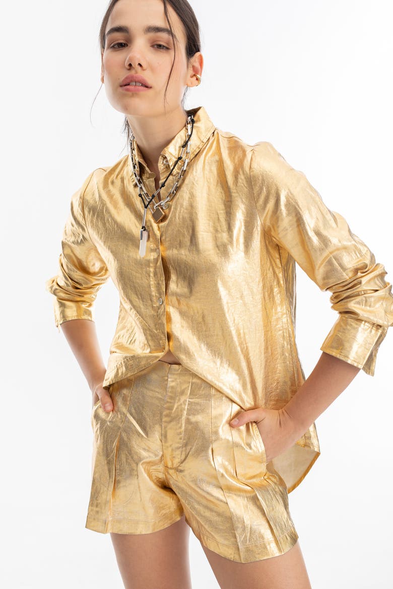 Frida Metallic Linen Shorts, Main, color, Gold