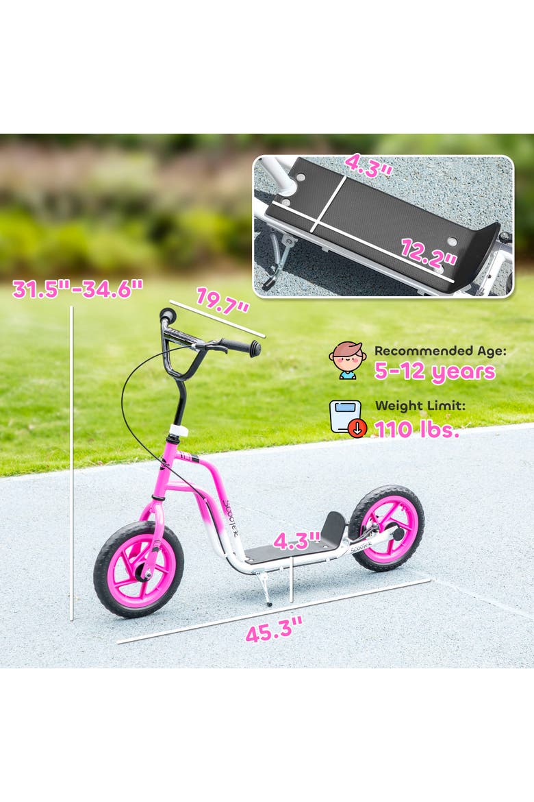 Kids Scooter, Lightweight Scooter with Adjustable Handlebar, Rear Brake, Kickstand, Footplate, 12" EVA Wheels, for 5-12 Years, White, Alternate, color, Pink