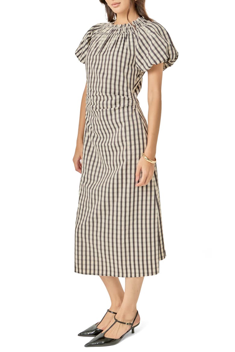 Smocked Neck Gingham Midi Dress, Alternate, color, BLACK MULTI