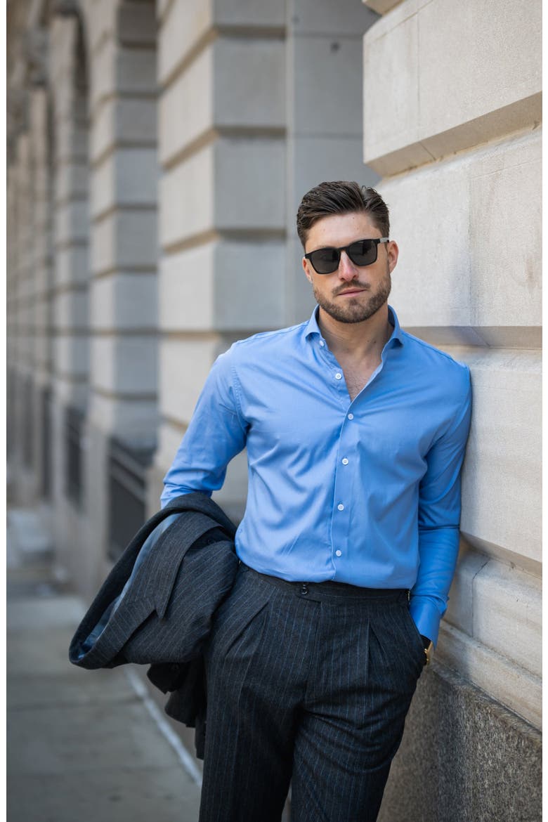 Twill Pima Cotton Collared Shirt, Alternate, color, Mid Blue Cut Away Extreme