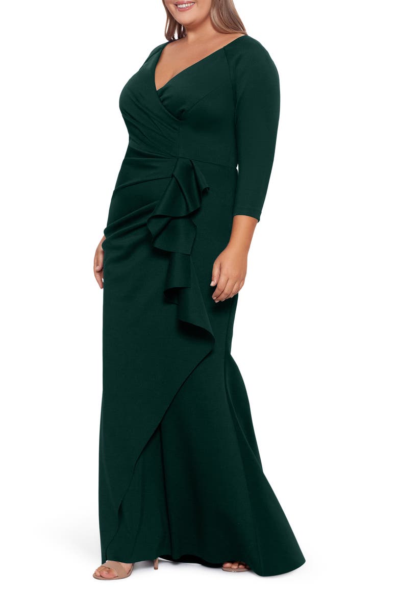 Xscape Side Ruched Scuba Knit Gown, Alternate, color, HUNTER
