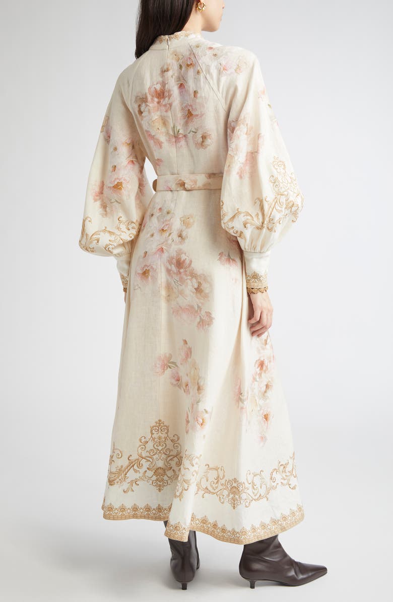Zimmermann Hypnotic Long Sleeve Belted Linen Maxi dress, Alternate, color, Cream Peony