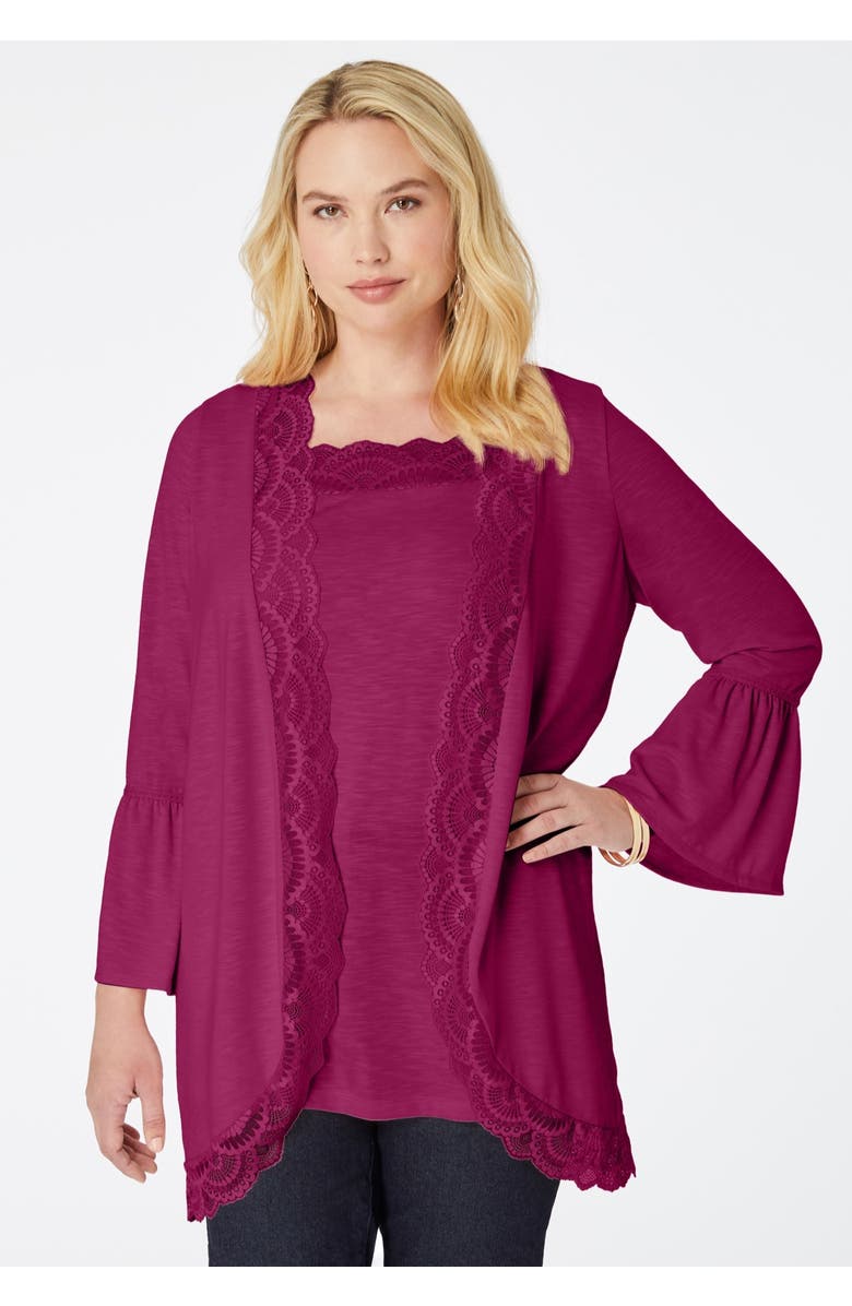 Roaman's Lace-Detailed Cardigan and Tank Set, Alternate, color, Berry Twist