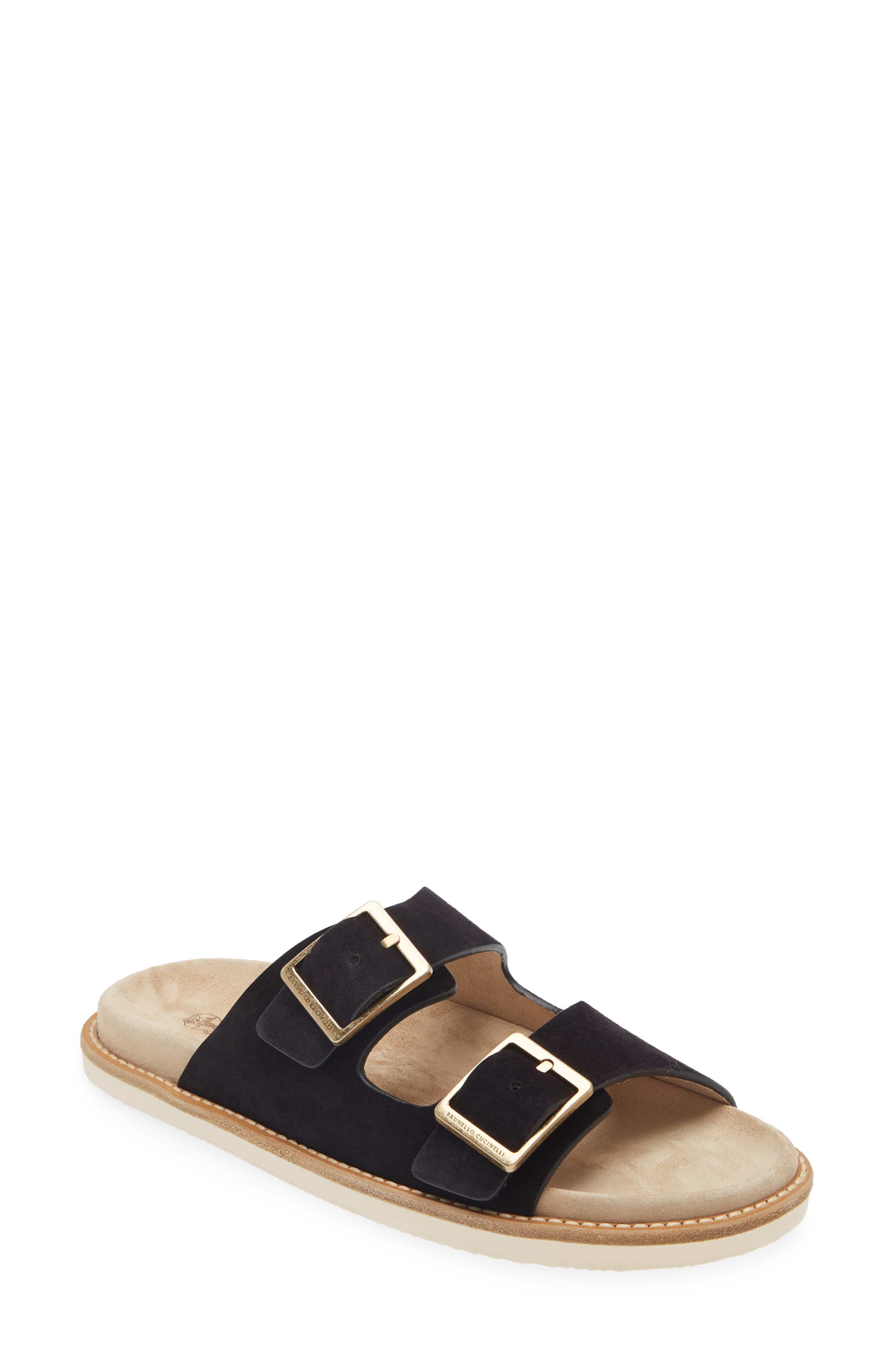 Brunello Cucinelli Double Strap Washed Suede Slide Sandal, Main, color, 