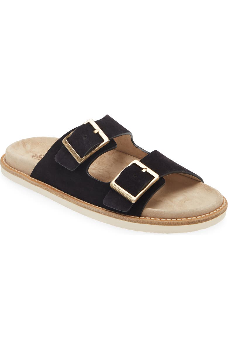 Brunello Cucinelli Double Strap Washed Suede Slide Sandal, Main, color,
