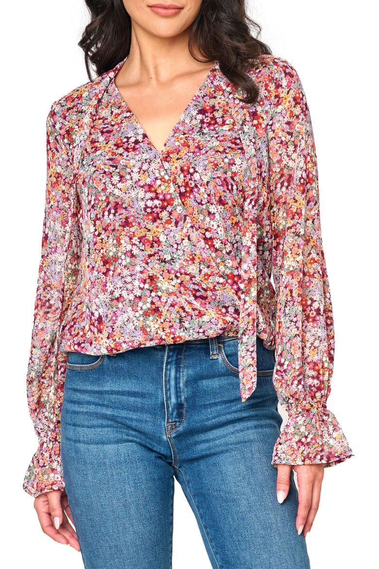 Floral Print Tie Neck Top, Main, color, BERRY DITSY