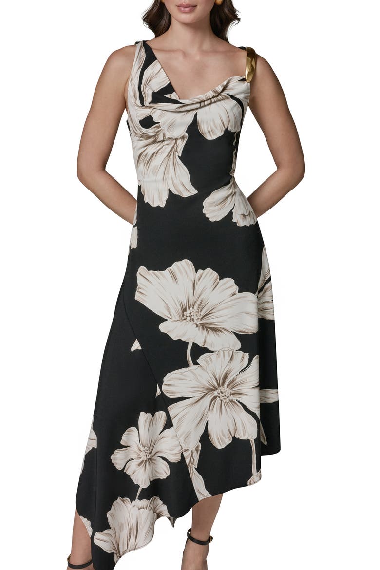 Floral Asymmetric Midi Dress, Main, color, BLACK MULTI
