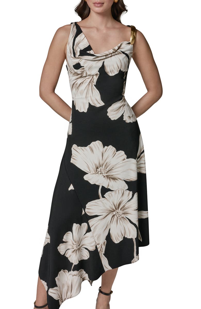 Donna Karan New York Floral Asymmetric Midi Dress, Main, color, Black Multi