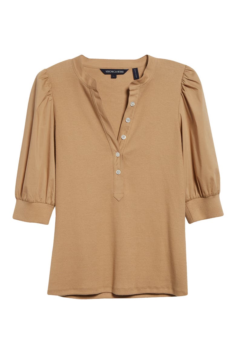 Coralee Puff Sleeve Stretch Cotton Henley Top, Alternate, color, KHAKI