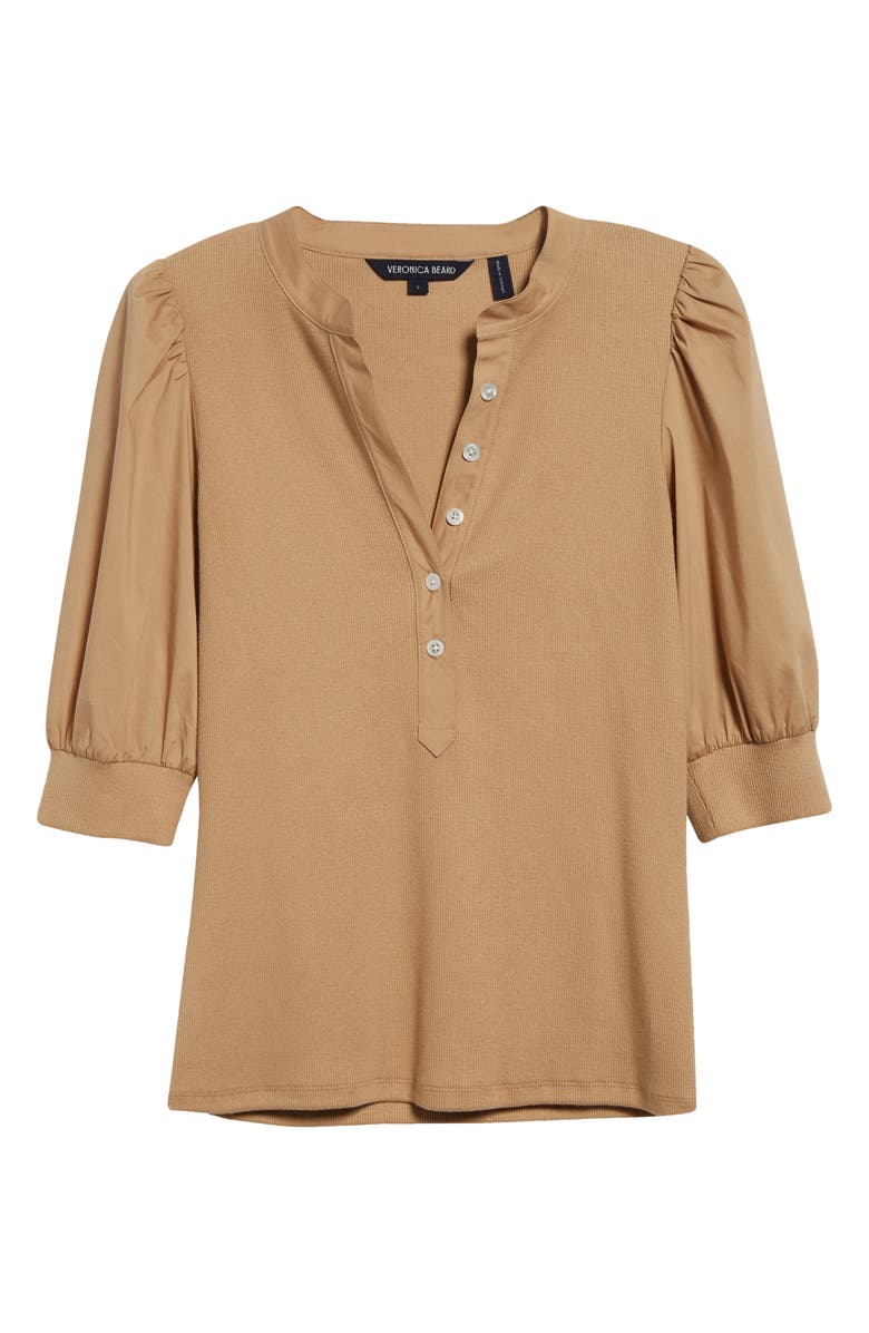 Veronica Beard Coralee Puff Sleeve Stretch Cotton Henley Top, Alternate, color, 