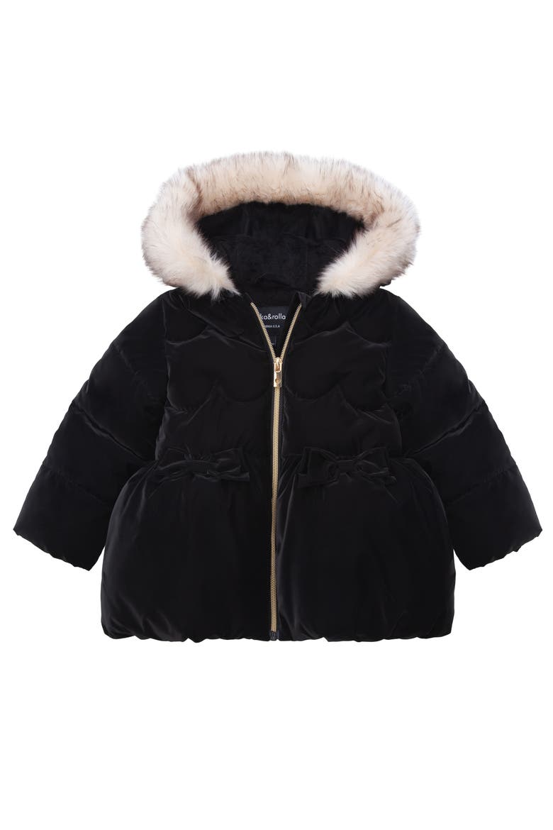 Kids' Luxe Bow Puffer Coat, Main, color, Pearl black