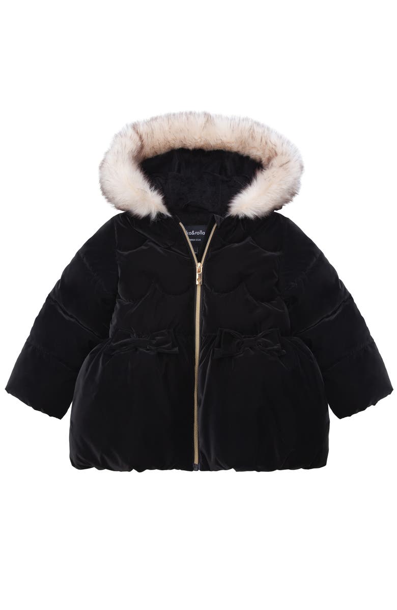 Rokka&Rolla Kids' Luxe Bow Puffer Coat, Main, color, Pearl Black