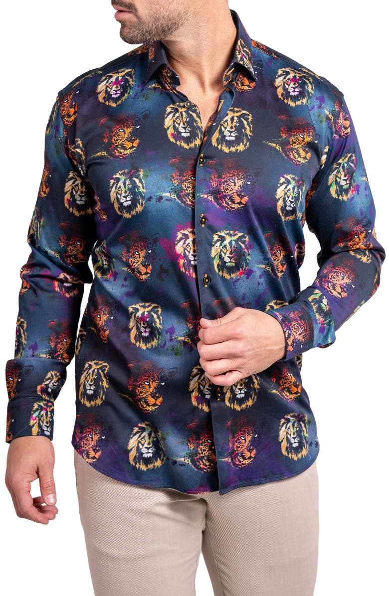 Maceoo Fibonacci Ascension 0234 Lion Print Contemporary Fit Button-Up Shirt, Alternate, color, Black