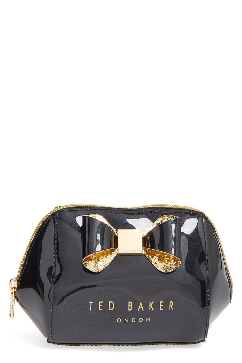 'Small Glitter Bow Trapeze' Cosmetics Case, Main, color, BLACK