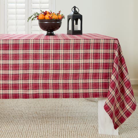 Linen Tablecloth for Dining Table, Holiday and Everyday Dining Table Decor - Burgundy Plaid