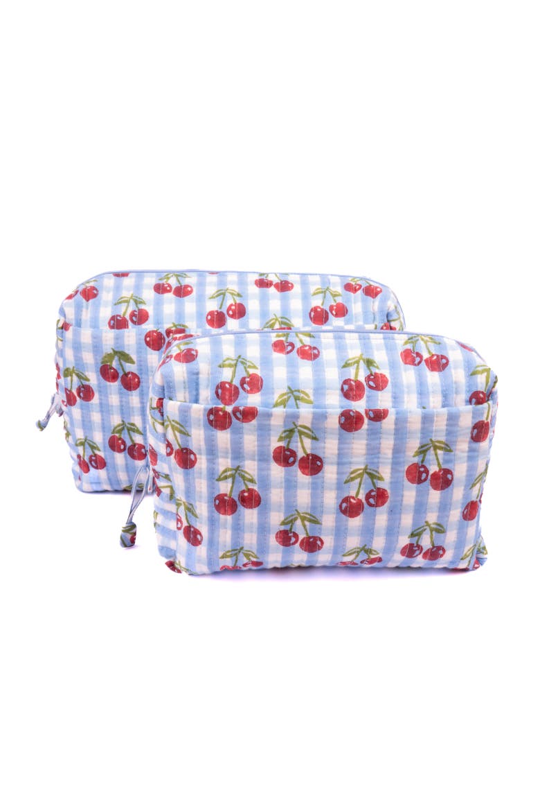 Cherry Makeup Bag in Blockprint, Alternate, color, Blue Gingham - Large