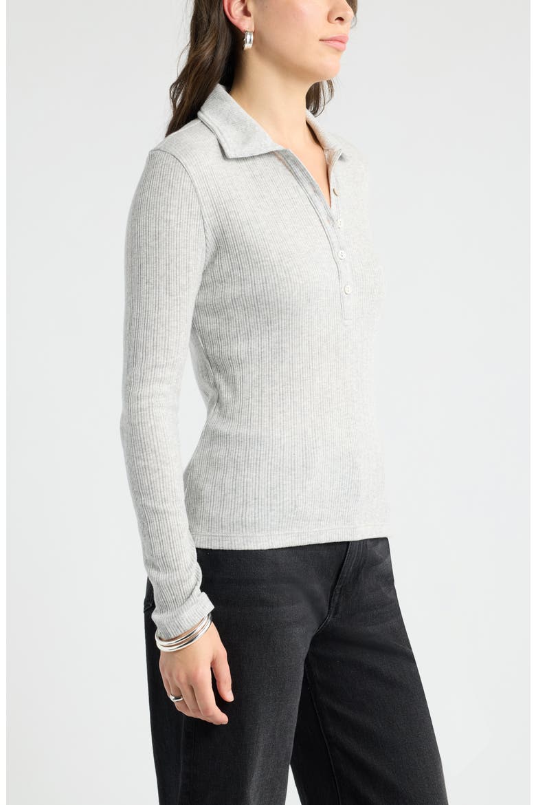Long Sleeve Rib Polo Top, Alternate, color, GREY LIGHT HEATHER