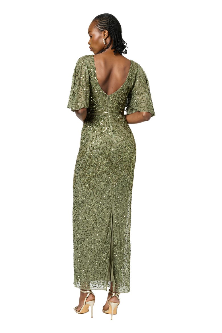 Occasion Embellished Sequin Beaded V Neck With Short Sleeves Evening Dress, Alternate, color, OLIVE