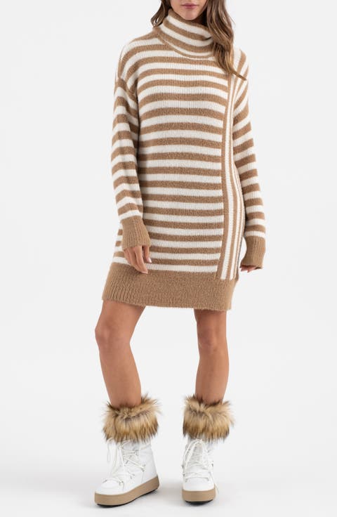 Stripe Long Sleeve Turtleneck Sweater Dress