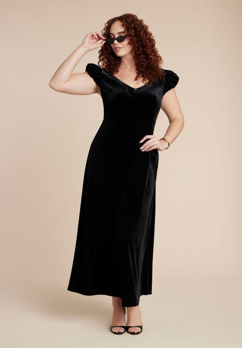 Velvet Short Puff Sleeve Maxi Dress (Plus)