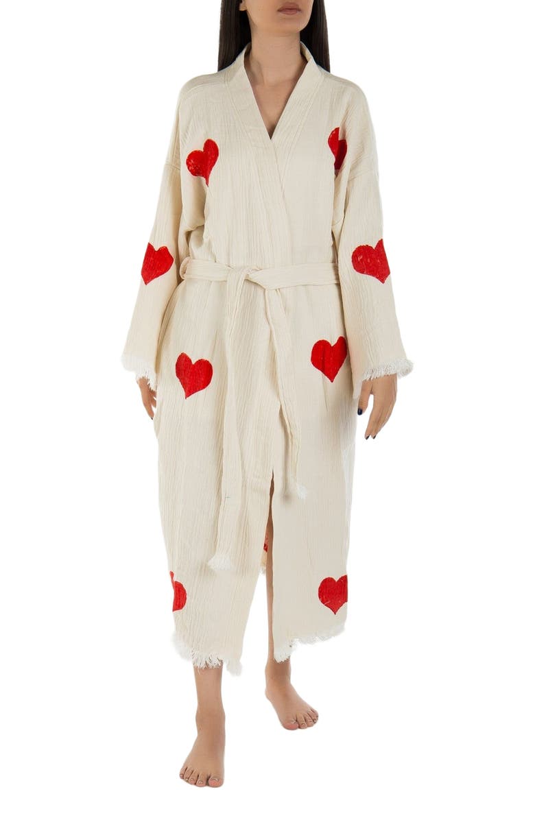 Forever & Always Shoes Linda - Red Hearts Handmade Cotton Robe Cover-Up, Alternate, color, Off-White