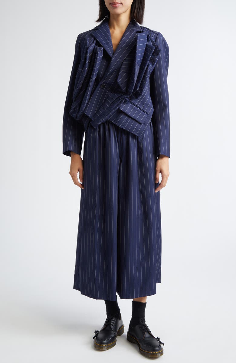 Comme des Garçons Twisted Draping Crop Pinstripe Blazer, Alternate, color, Navy