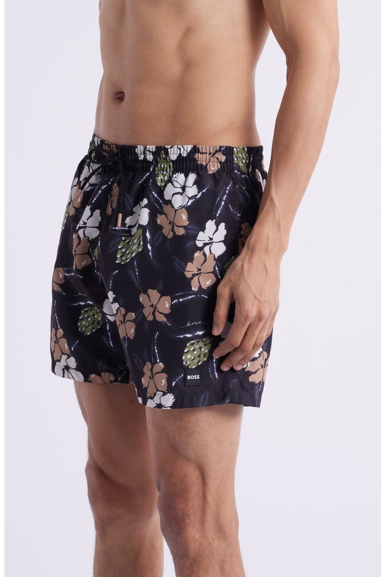 Piranha Floral Swim Trunks, Alternate, color, BLK