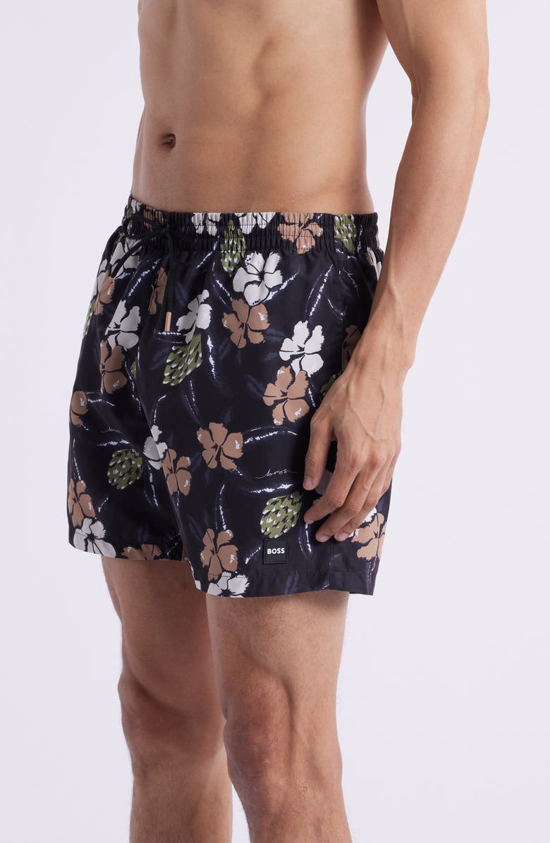 BOSS Piranha Floral Swim Trunks, Alternate, color, Black