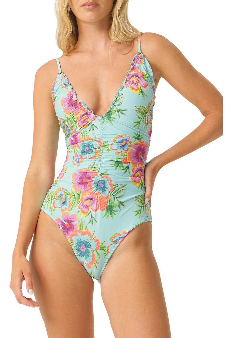 Embroidered Lettuce Edge One-Piece Swimsuit, Main, color, SOLANA