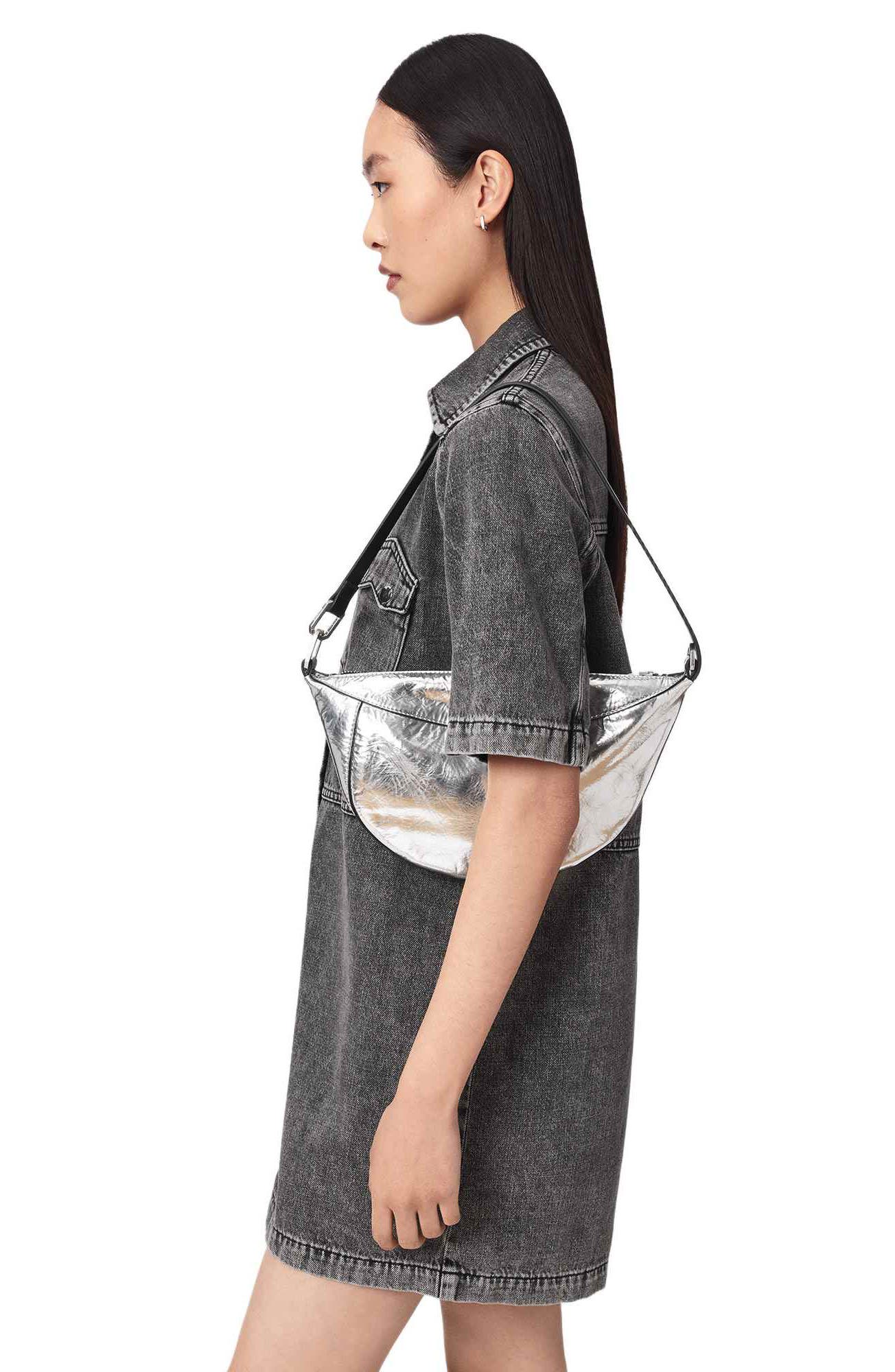 AllSaints Luna Micro Metallic Lambskin Leather Bag, Alternate, color, Foggy Silver