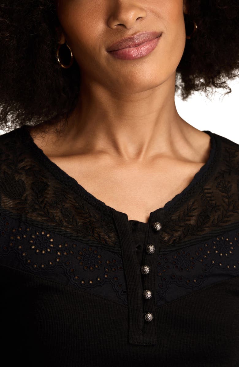 Lucky Brand Lace Yoke Cotton Henley, Alternate, color, Caviar