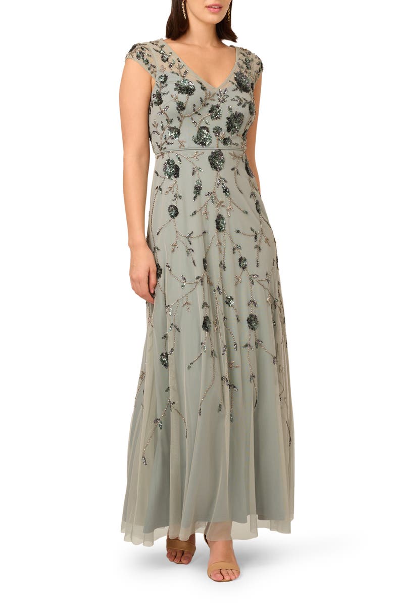 Adrianna Papell Embroidered Beaded Trumpet Gown, Main, color,