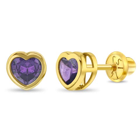 14k Heart Bezel Simulated Birthstone Earrings