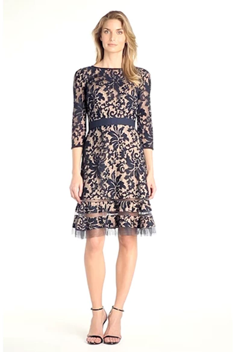 Belted Lace Dress, Alternate, color, NAVY/ NUDE