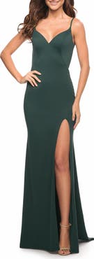 La Femme Simple Jersey Gown with V Neckline and Slit