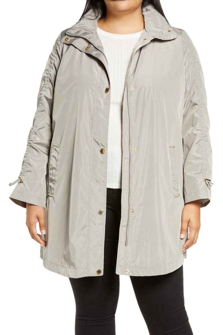 Ruched Sleeve Packable Rain Jacket, Main, color, TAUPE