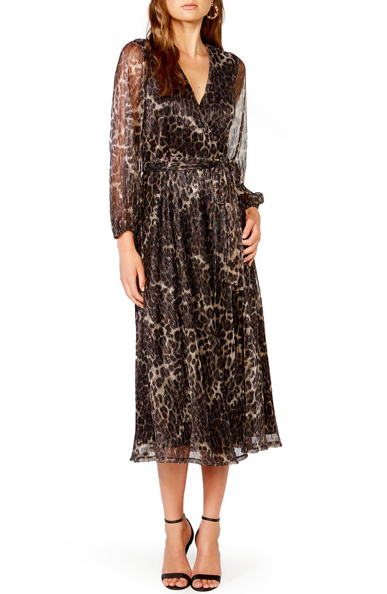 Bardot Metallic Stripe Leopard Plissé Midi Dress, Main, color, 