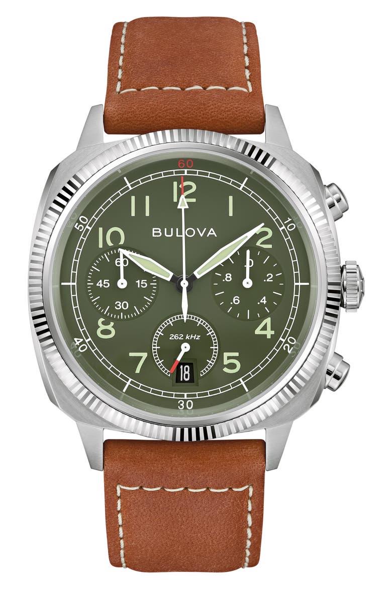 Military VWI Chronograph Leather Strap Watch, 42.5mm, Main, color, BROWN