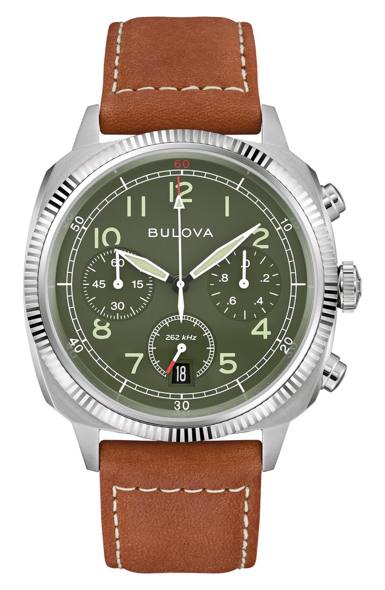 BULOVA Military VWI Chronograph Leather Strap Watch, 42.5mm, Main, color, 
