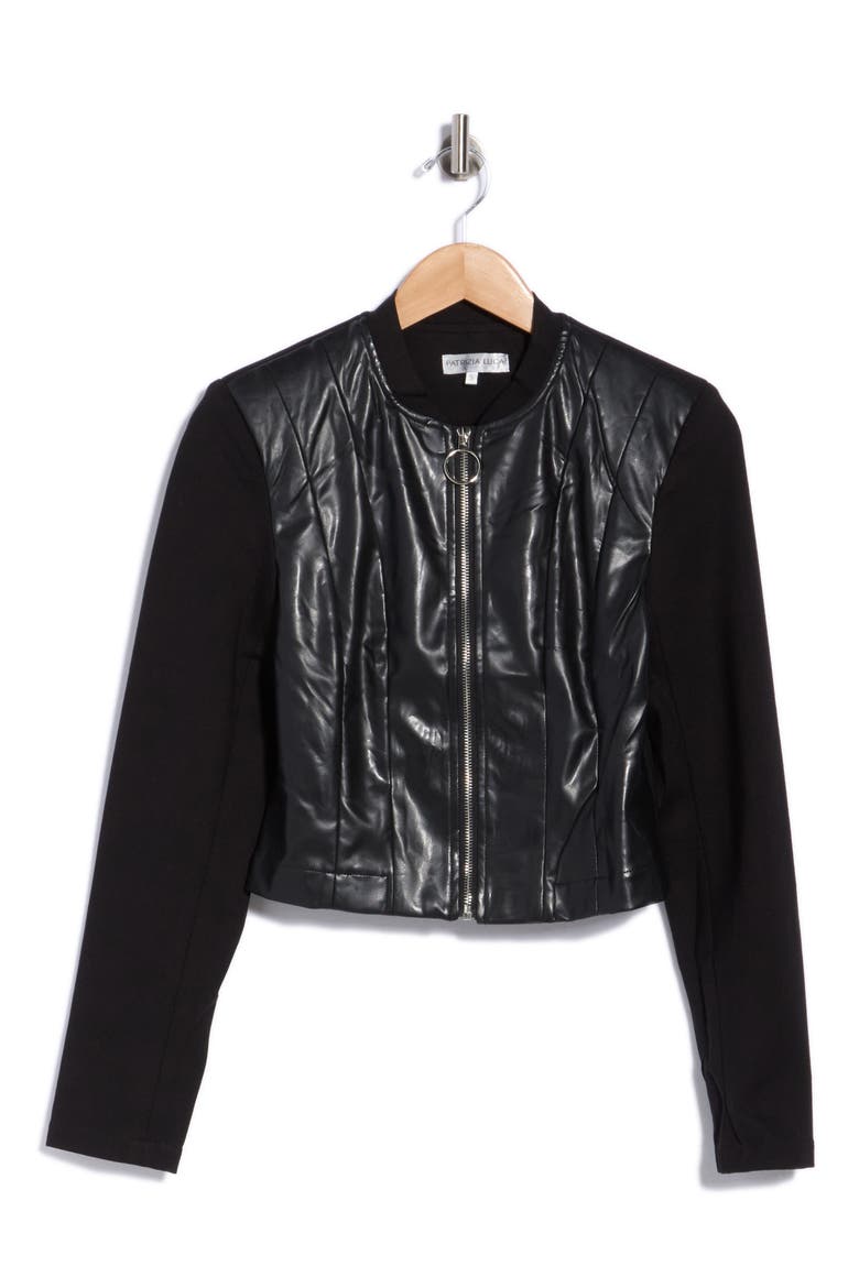 Mixed Media Faux Leather Bomber Jacket, Alternate, color, BLACK