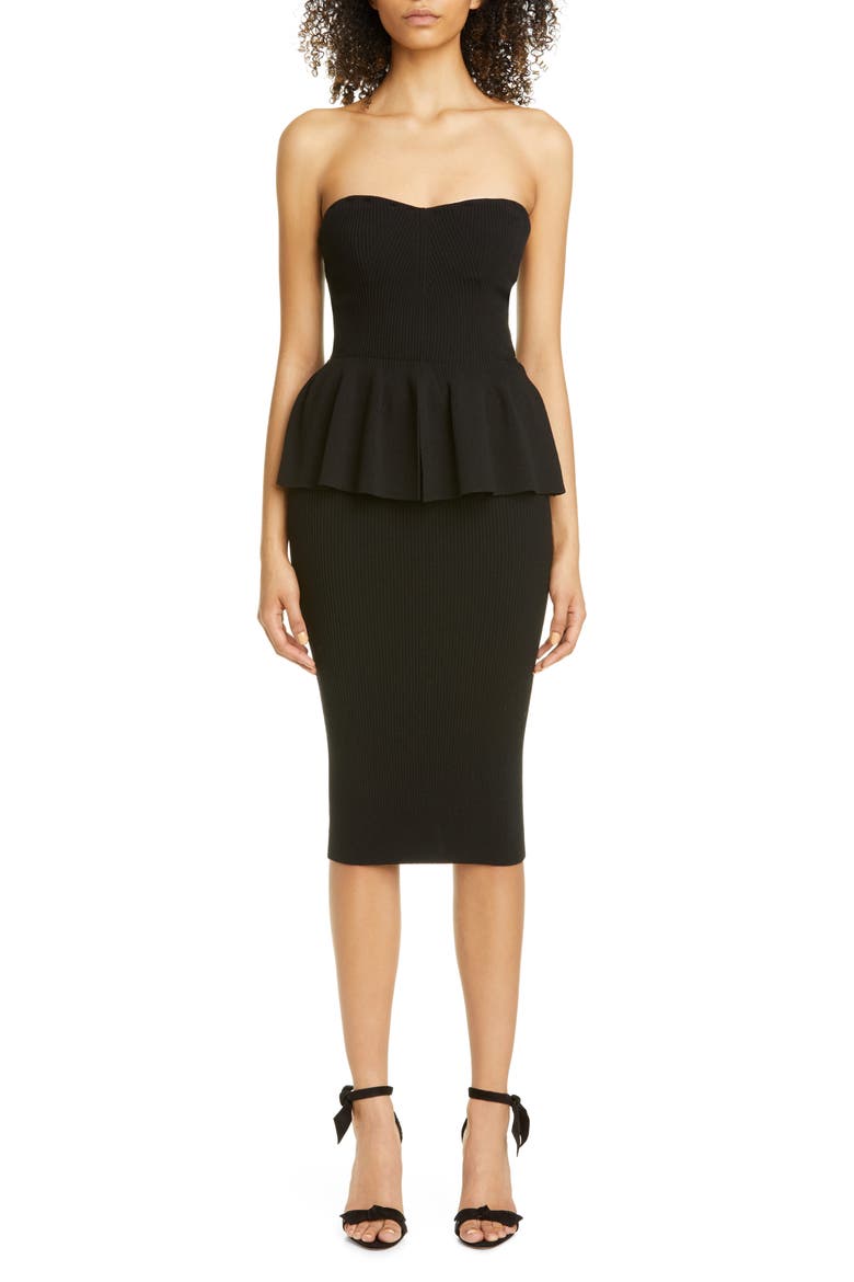 Rib Peplum Bustier Sweater Dress, Main, color, BLACK