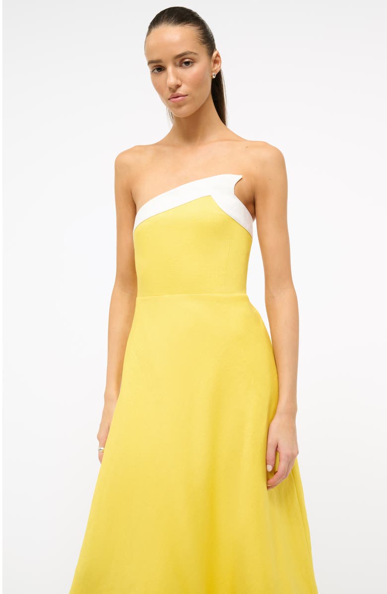 STAUD Contrast Detail Strapless Linen Dress, Alternate, color, 