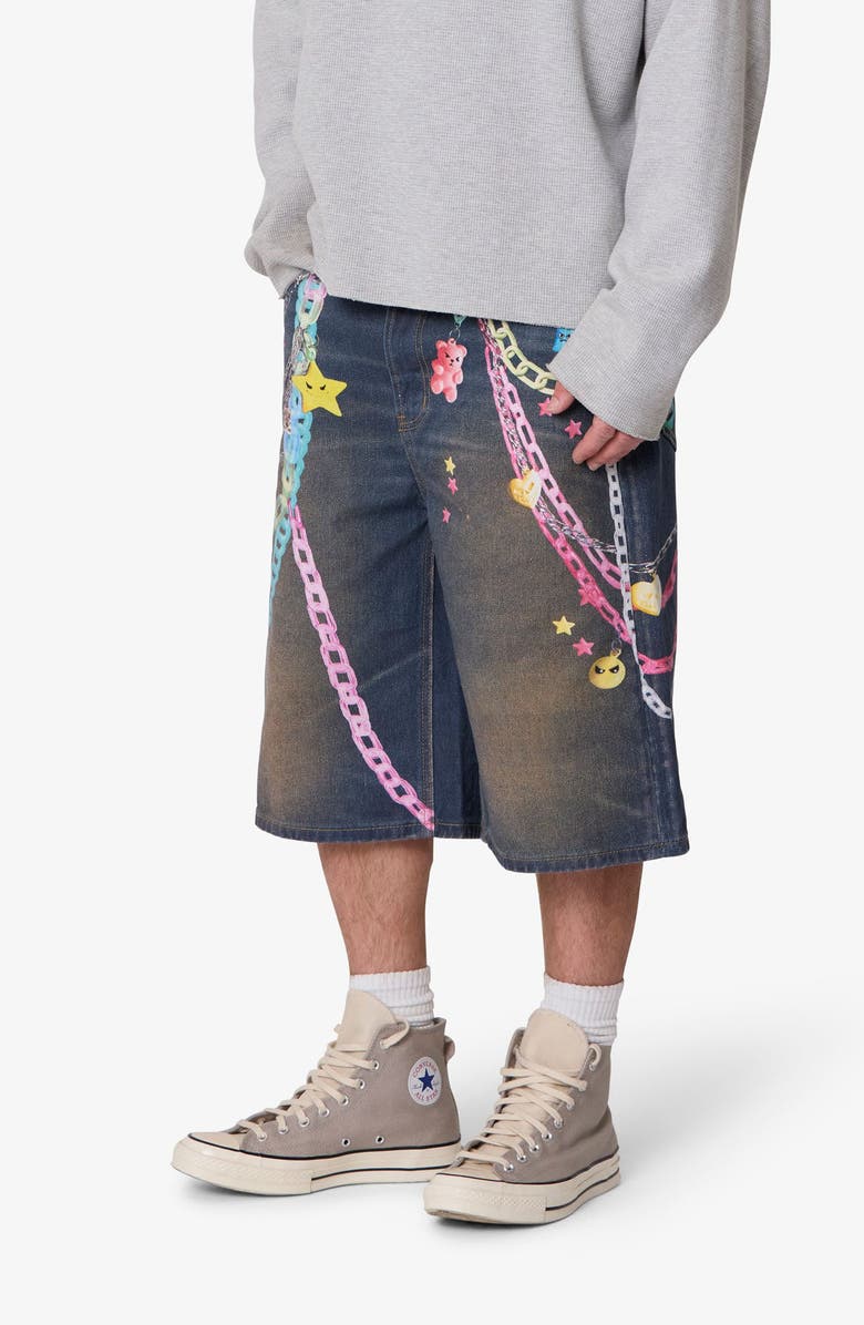mnml Ultra Baggy Chain Print Denim Shorts, Alternate, color, Blue