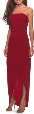 La Femme Long Strapless Jersey Dress with Side Ruching