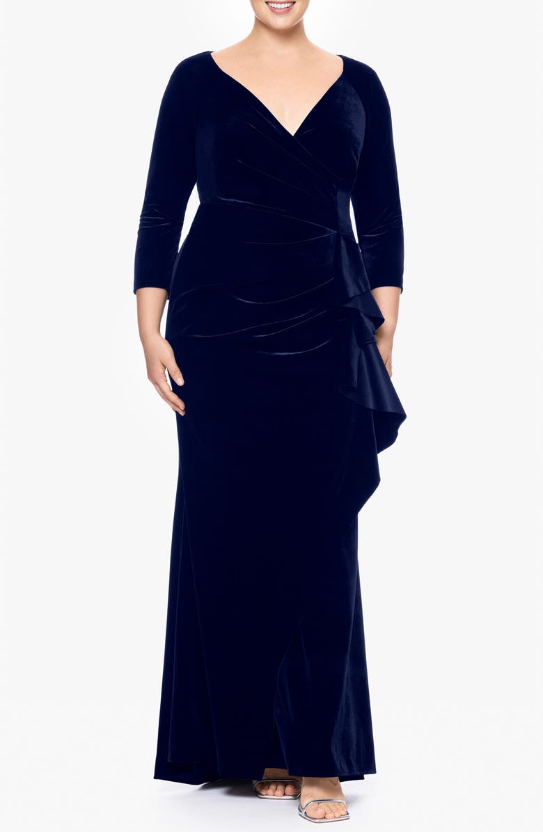 Xscape Evenings Ruffle Stretch Velvet Gown, Main, color, 