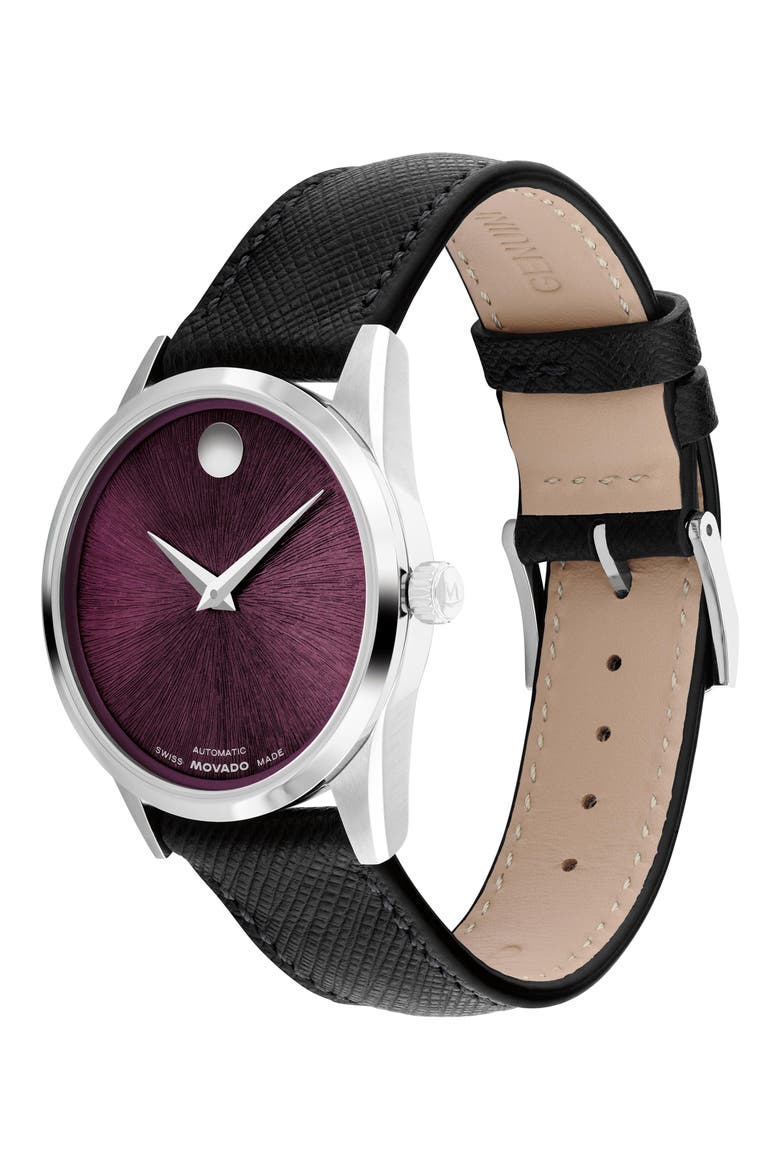 Museum Classic Automatic Leather Strap Watch, 33mm, Alternate, color, PURPLE/ BLACK