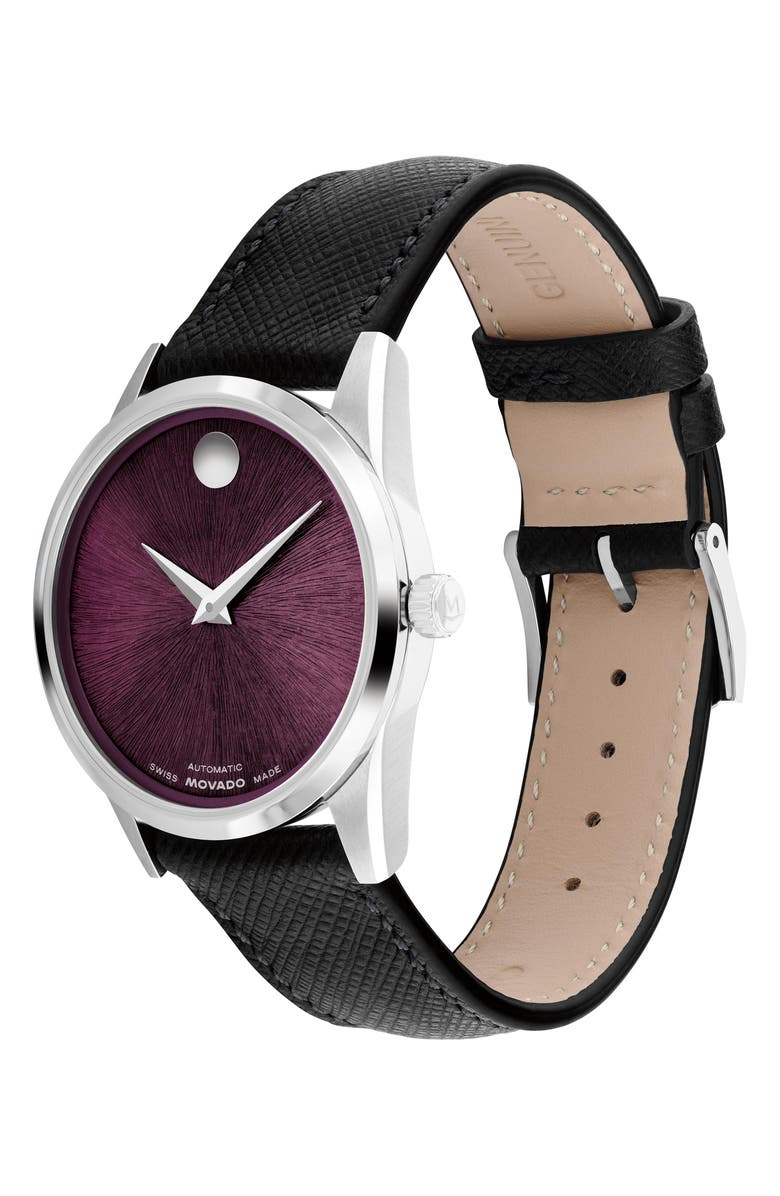 Movado Museum Classic Automatic Leather Strap Watch, 33mm, Alternate, color, Purple/ Black