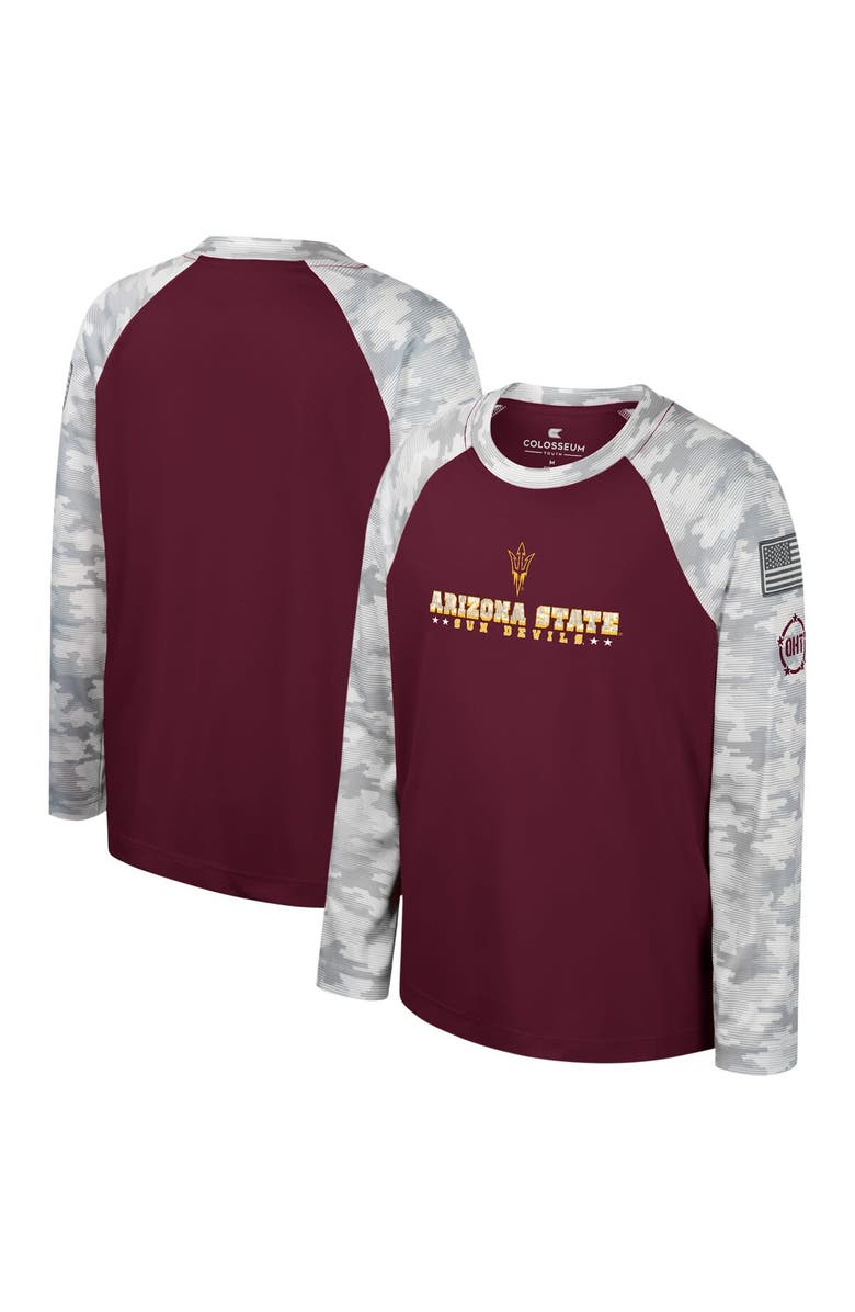 COLOSSEUM Youth Colosseum Maroon/Camo Arizona State Sun Devils OHT Military Appreciation Dark Star Raglan Long Sleeve T-Shirt, Main, color, Maroon