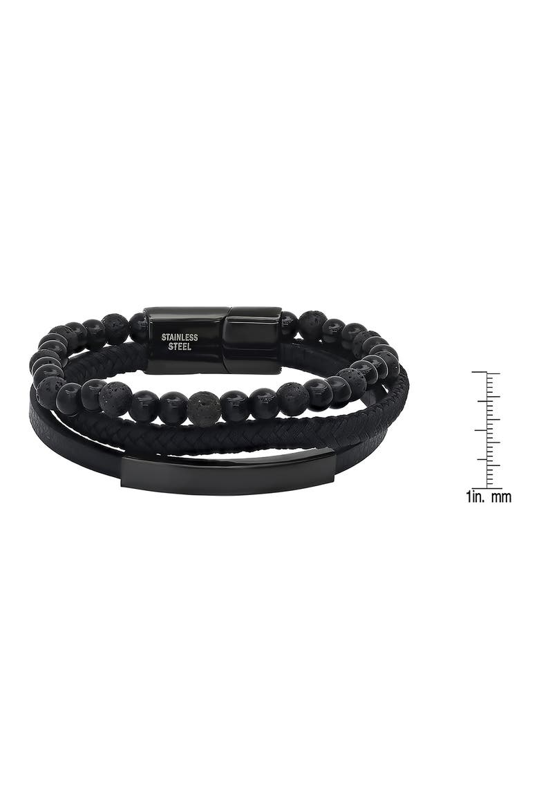 Men's Black Stainless Steel Lava Bead & Leather Layered Bracelet, Alternate, color, BLACK