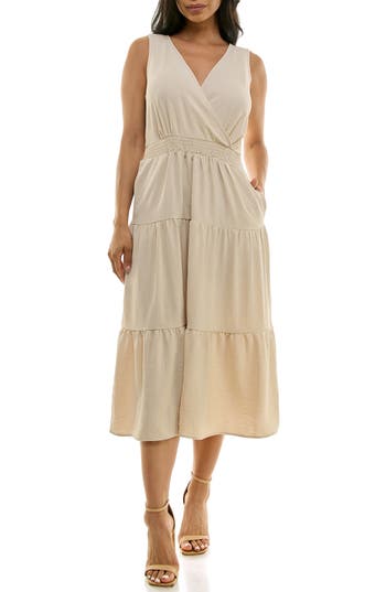 Nina Leonard Tiered Midi Dress In Pink